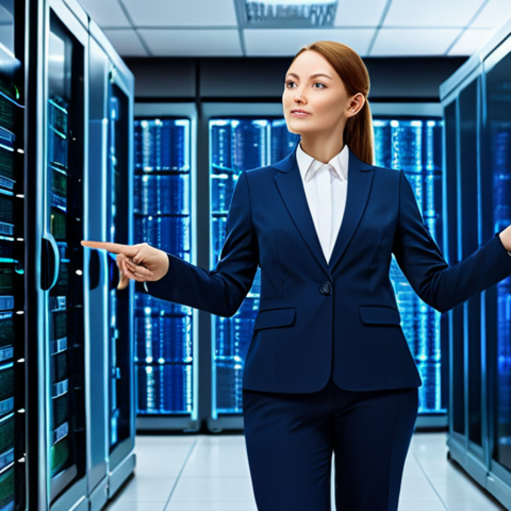 **
"A professional woman, fully clothed in a navy blue business suit, stands in a modern, brightly lit data center. Rows of servers blink in the background. She's pointing to a holographic display showing a network security diagram. Safe for work, appropriate content, professional, perfect anatomy, natural proportions, high-quality rendering."
**