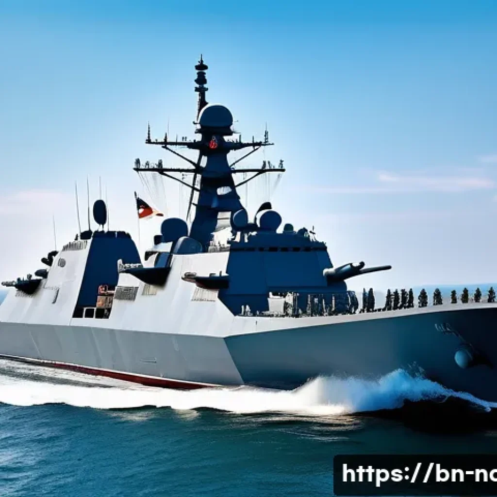 세계 해군력 비교 - A highly detailed futuristic naval warship sailing on calm blue ocean waters under a clear sky, feat...