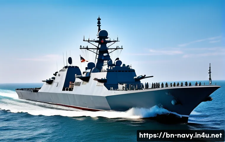 세계 해군력 비교 - A highly detailed futuristic naval warship sailing on calm blue ocean waters under a clear sky, feat...