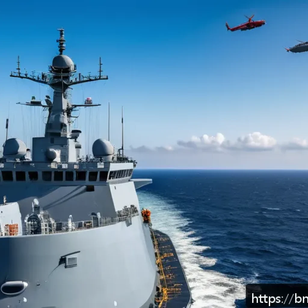 해군과 해양 환경 보호 정책 - A modern naval ship equipped with advanced radar systems and satellite communication antennas, patro...