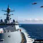 해군과 해양 환경 보호 정책 - A modern naval ship equipped with advanced radar systems and satellite communication antennas, patro...