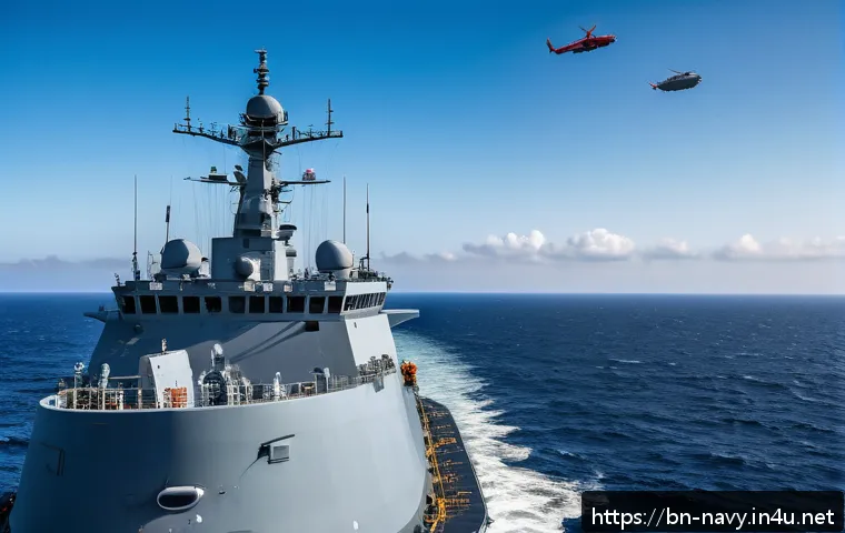 해군과 해양 환경 보호 정책 - A modern naval ship equipped with advanced radar systems and satellite communication antennas, patro...