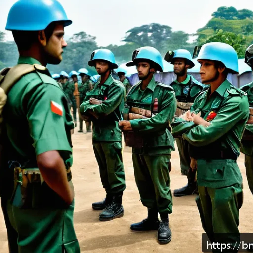 해군의 국제 연합 작전 참여 - A detailed scene of Bangladeshi peacekeepers in a military training camp in Dhaka, preparing for a U...
