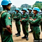 해군의 국제 연합 작전 참여 - A detailed scene of Bangladeshi peacekeepers in a military training camp in Dhaka, preparing for a U...