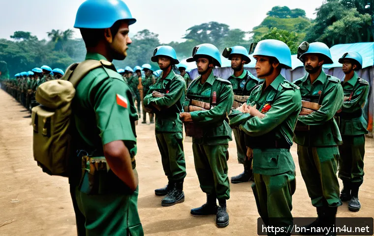 해군의 국제 연합 작전 참여 - A detailed scene of Bangladeshi peacekeepers in a military training camp in Dhaka, preparing for a U...