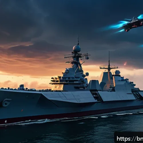 해군의 최신 작전 개념 - A futuristic naval battle scene featuring autonomous smart warships equipped with advanced AI system...