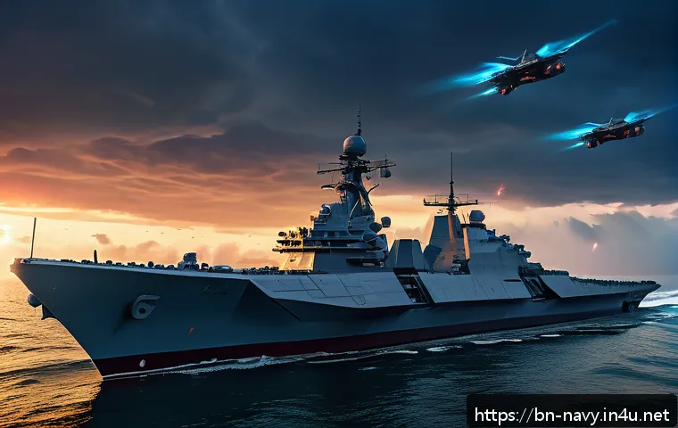 해군의 최신 작전 개념 - A futuristic naval battle scene featuring autonomous smart warships equipped with advanced AI system...