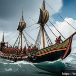 해군의 역사와 발전 과정 - An ancient naval battle scene featuring small wooden boats with warriors wearing traditional Bengali...