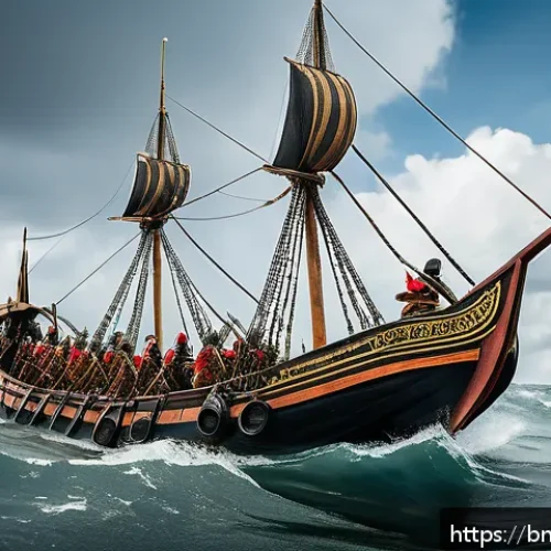 해군의 역사와 발전 과정 - An ancient naval battle scene featuring small wooden boats with warriors wearing traditional Bengali...