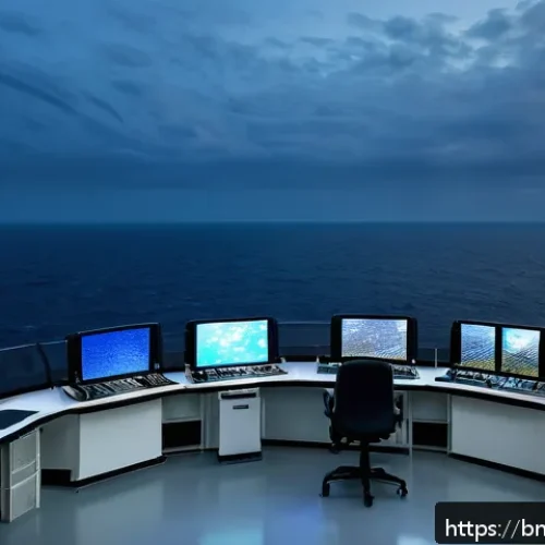 해군의 해양 정보 수집 기법 - A high-tech synthetic aperture radar (SAR) monitoring station overlooking a vast ocean under cloudy ...
