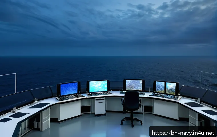 해군의 해양 정보 수집 기법 - A high-tech synthetic aperture radar (SAR) monitoring station overlooking a vast ocean under cloudy ...