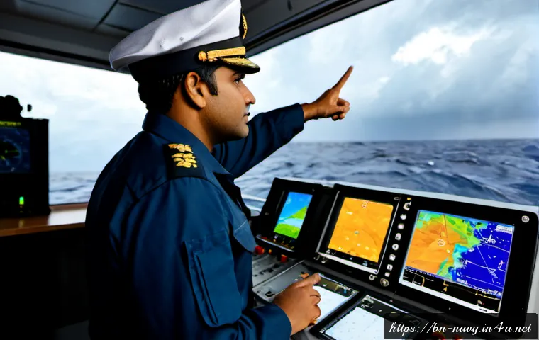 해군의 해양 기상 대응법 - Photorealistic naval meteorology response center aboard a modern patrol vessel, diverse South Asian ...