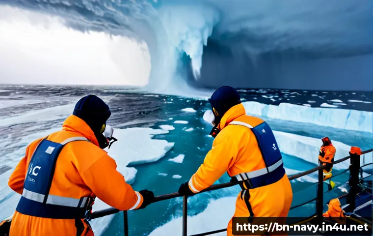 해군의 극한 환경 작전 수행 - Photorealistic naval rescue operation in a violent Arctic storm, diverse sailors in insulated surviv...