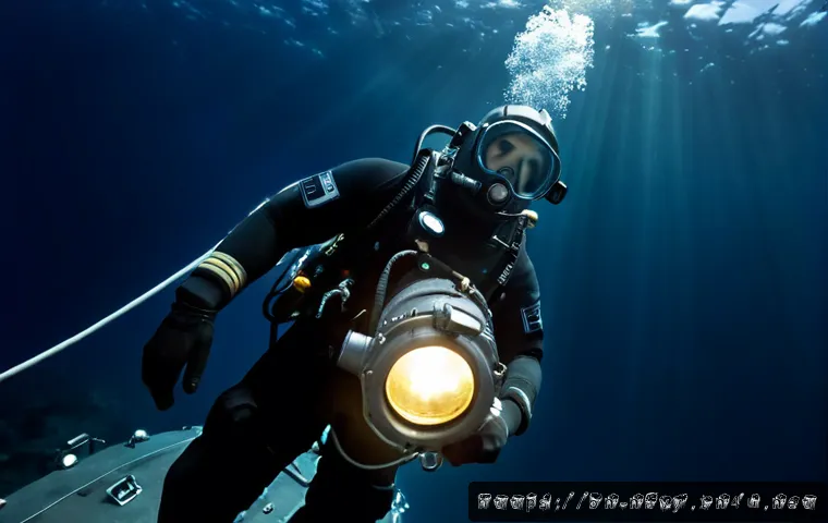 해군의 심해 작전 수행 능력 - Photorealistic deep-sea naval operation, a fully equipped navy diver in a dark atmospheric diving su...