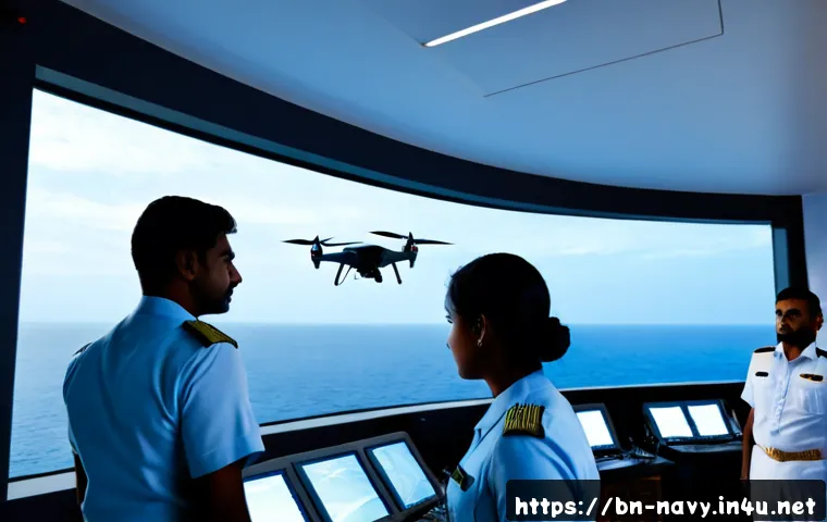 해군 드론 활용 현황 - Photorealistic modern naval operations room, a diverse South Asian naval officer team monitoring a c...